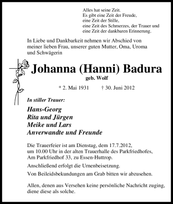 Traueranzeige von Johanna Badura von Tageszeitung