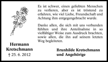 Traueranzeige von Hermann Kretschmann von Tageszeitung