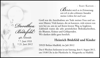 Traueranzeige von Dorothea Bödefeld von Tageszeitung