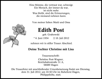 Traueranzeige von Edith Post von Tageszeitung