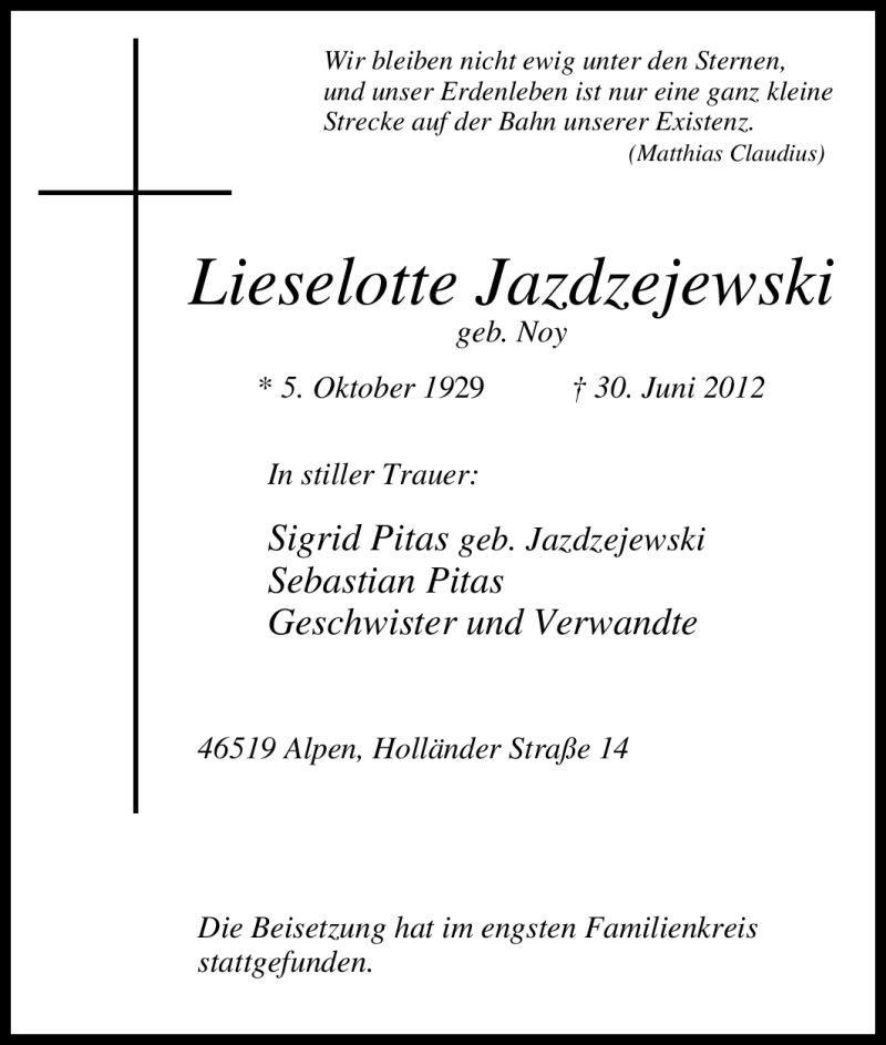  Traueranzeige für Lieselotte Jazdzejewski vom 14.07.2012 aus Tageszeitung