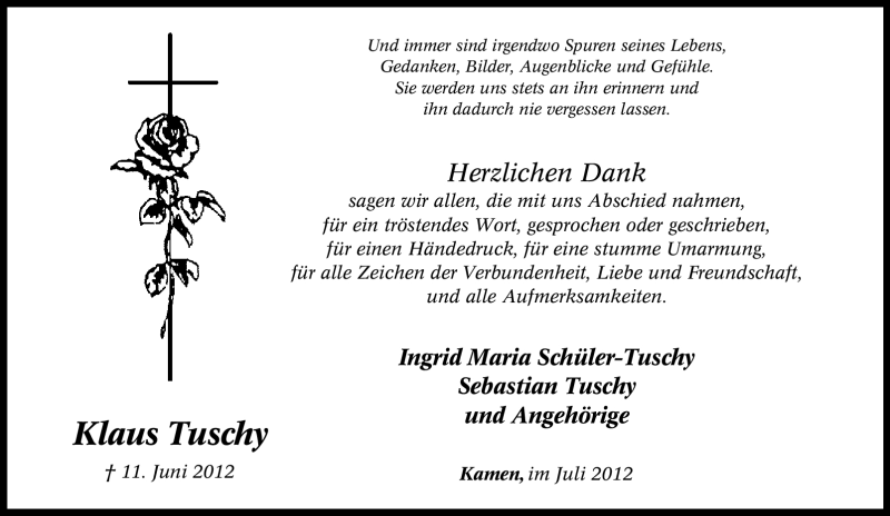  Traueranzeige für Klaus Tuschy vom 14.07.2012 aus Tageszeitung