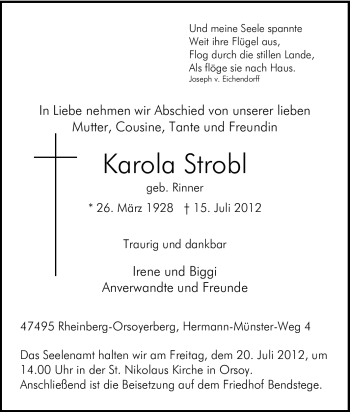 Traueranzeige von Karola Strobl von Tageszeitung