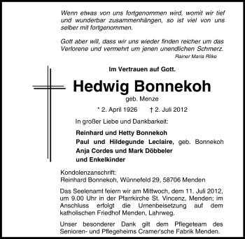 Traueranzeige von Hedwig Bonnekoh von Tageszeitung