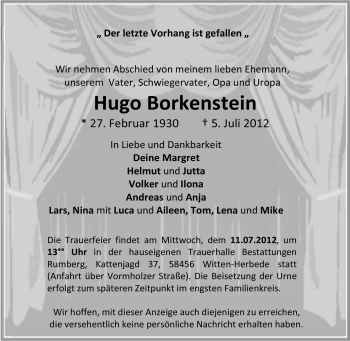 Traueranzeige von Hugo Borkenstein von Tageszeitung