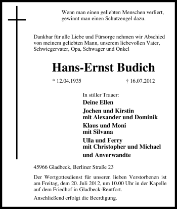 Traueranzeige von Hans-Ernst Budich von Tageszeitung