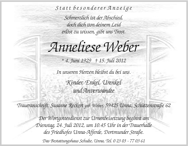  Traueranzeige für Anneliese Weber vom 18.07.2012 aus Tageszeitung