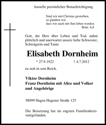 Traueranzeige von Elisabeth Dornheim von Tageszeitung
