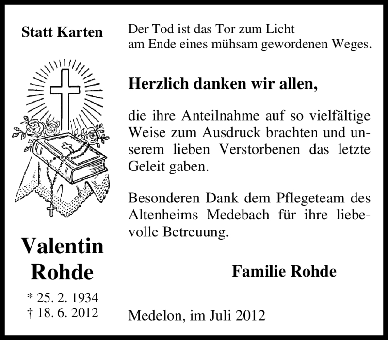 Traueranzeige für Valentin Rohde vom 14.07.2012 aus Tageszeitung