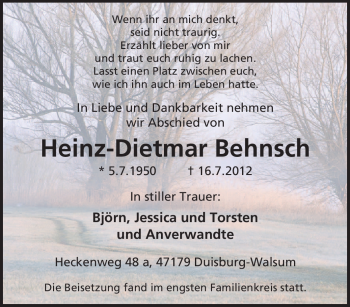 Traueranzeige von Heinz-Dietmar Behnsch von Tageszeitung