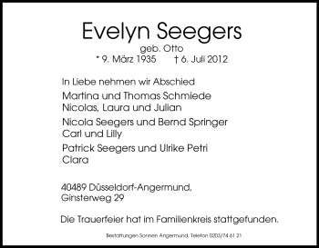 Traueranzeige von Evelyn Seegers von Tageszeitung
