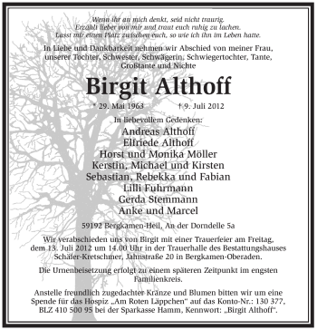 Traueranzeige von Birgit Althoff von Tageszeitung