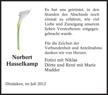 Traueranzeige von Norbert Hasselkamp von Tageszeitung