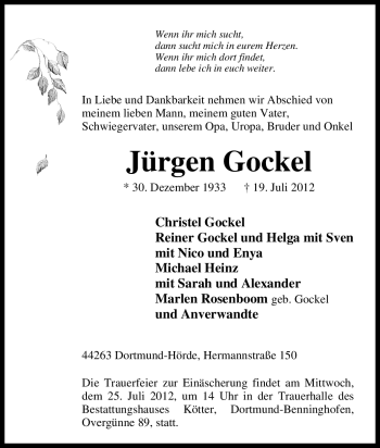 Traueranzeige von Jürgen Gockel von Tageszeitung