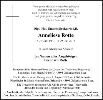 Traueranzeige von Anneliese Rotte von Tageszeitung