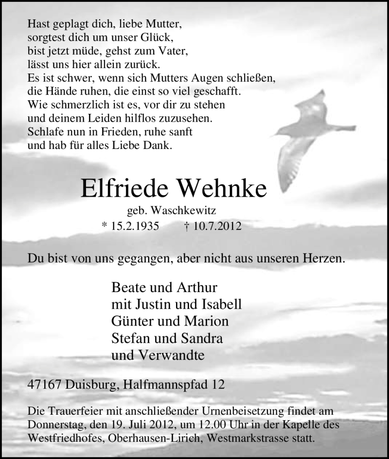  Traueranzeige für Elfriede Wehnke vom 14.07.2012 aus Tageszeitung