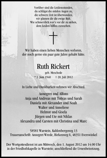 Traueranzeige von Ruth Rickert von Tageszeitung