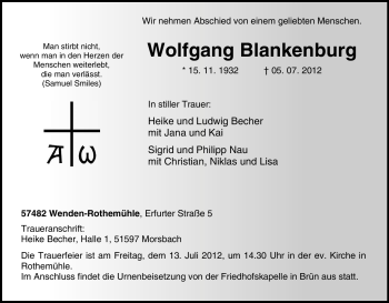 Traueranzeige von Wolfgang Blankenburg von Tageszeitung