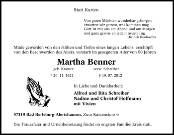 Traueranzeige von Martha Benner von Tageszeitung