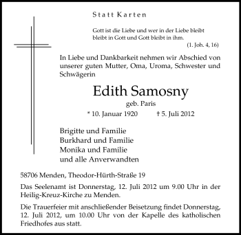 Traueranzeige von Edith Samosny von Tageszeitung