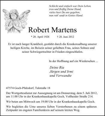 Traueranzeige von Robert Martens von Tageszeitung