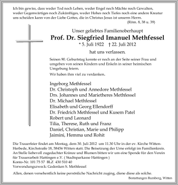 Traueranzeige von Siegfried Imanuel Methfessel von Tageszeitung