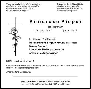 Traueranzeige von Annerose Pieper von Tageszeitung