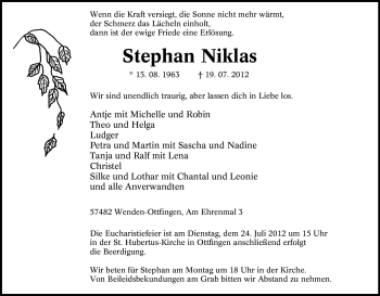 Traueranzeige von Stephan Niklas von Tageszeitung