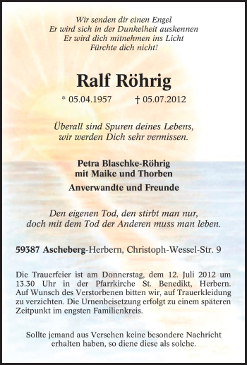 Traueranzeige von Ralf Röhrig von Tageszeitung
