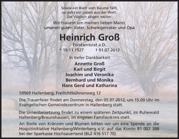 Traueranzeige von Heinrich Groß von Tageszeitung