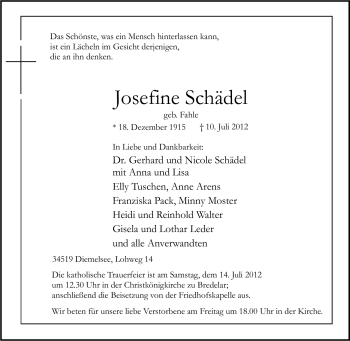 Traueranzeige von Josefine Schädel von Tageszeitung
