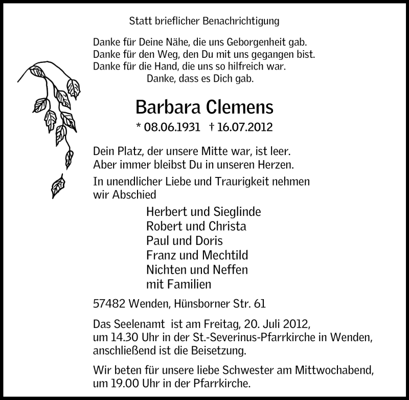 Traueranzeige für Barbara Clemens vom 18.07.2012 aus Tageszeitung