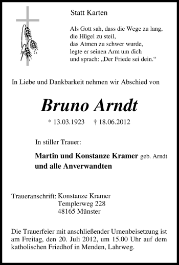 Traueranzeige von Bruno Arndt von Tageszeitung