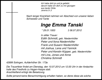Traueranzeige von Inge Emma Tanski von Tageszeitung