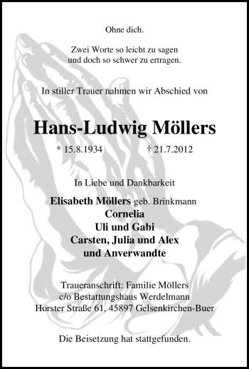 Traueranzeige von Hans-Ludwig Möllers von Tageszeitung