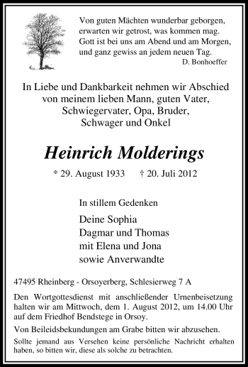Traueranzeige von Heinrich Molderings von Tageszeitung