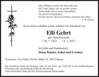 Traueranzeige von Elli Gehrt von Tageszeitung