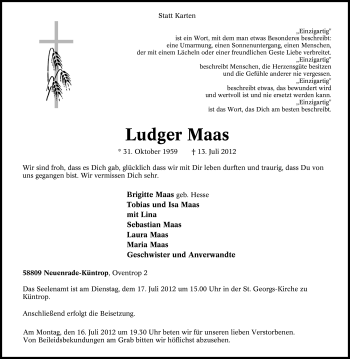 Traueranzeige von Ludger Maas von Tageszeitung