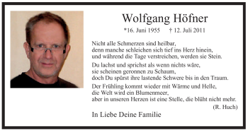 Traueranzeige von Wolfgang Höfner von Tageszeitung
