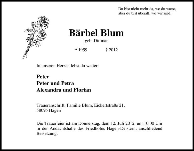  Traueranzeige für Bärbel Blum vom 11.07.2012 aus Tageszeitung
