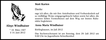 Traueranzeige von Aloys Windhaiser von Tageszeitung