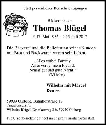 Traueranzeige von Thomas Bügel von Tageszeitung