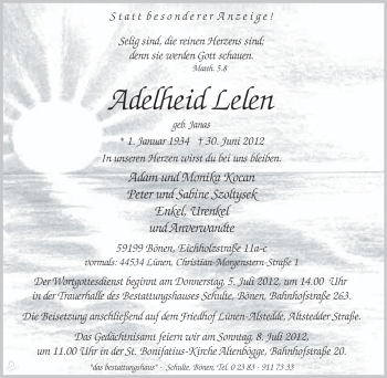 Traueranzeige von Adelheid Lelen von Tageszeitung