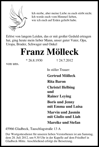 Traueranzeige von Franz Mölleck von Tageszeitung