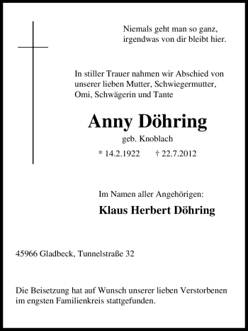 Traueranzeige von Anny Döhring von Tageszeitung