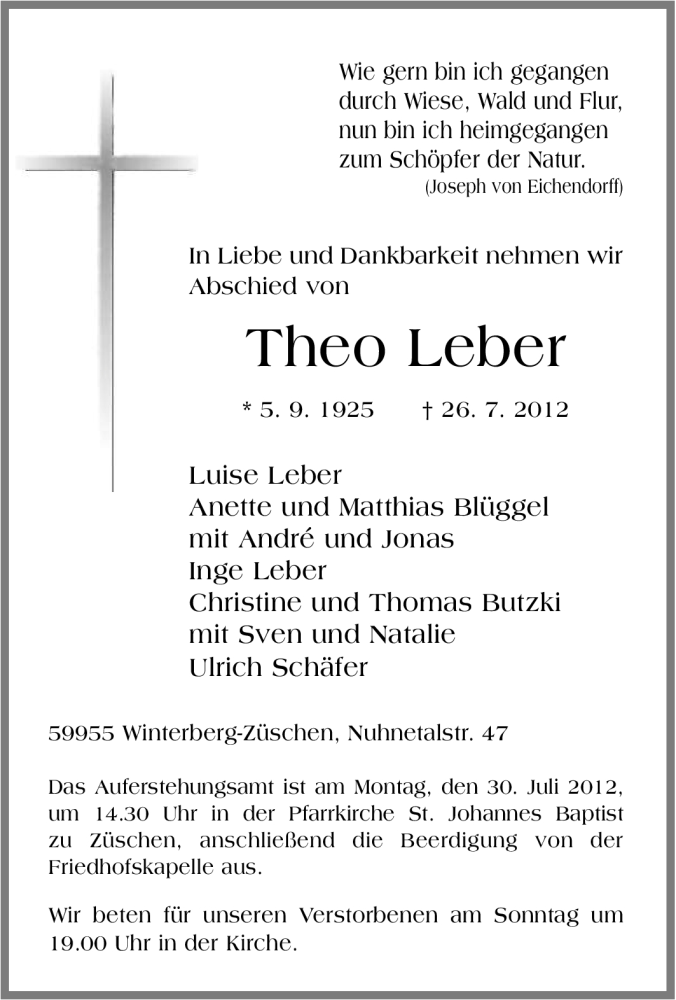  Traueranzeige für Theo Leber vom 28.07.2012 aus Tageszeitung