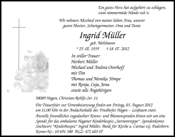 Traueranzeige von Ingrid Müller von Tageszeitung