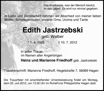 Traueranzeige von Edith Jastrzebski von Tageszeitung