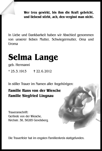Traueranzeige von Selma Lange von Tageszeitung