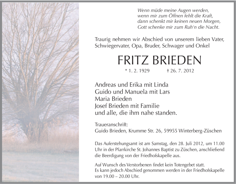  Traueranzeige für Fritz Brieden vom 27.07.2012 aus Tageszeitung